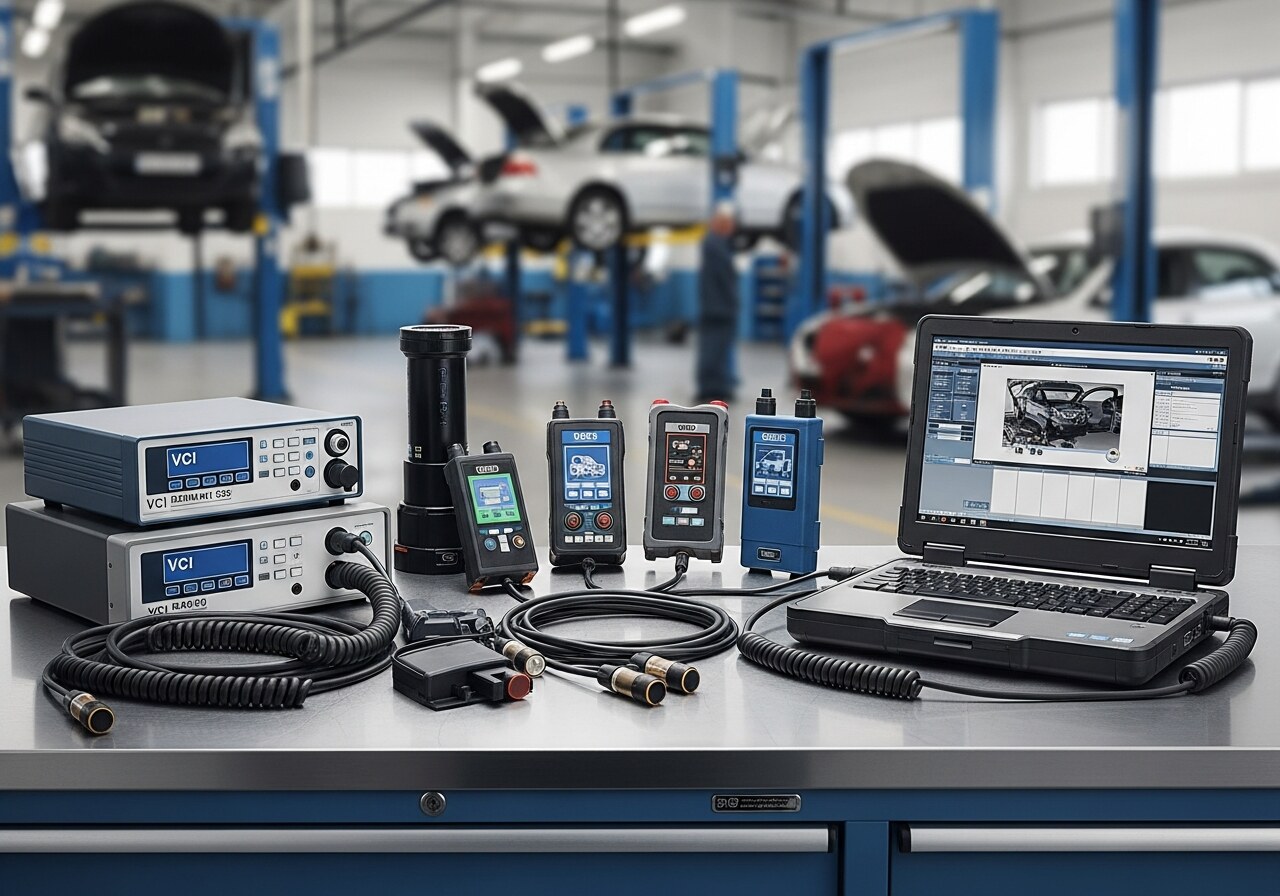Professional automotive diagnostic kit with VCI interfaces and laptop